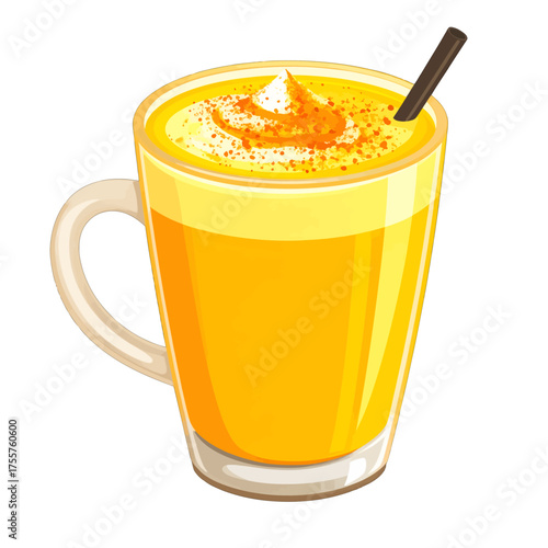 Golden Milk Latte in Glass Mug with Whipped Topping and Cinnamon Stick Isolated on White Background For Adobe Stock