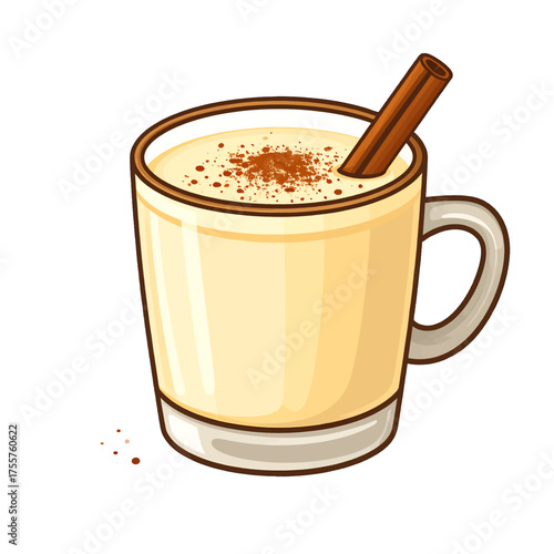 Pixel Art Style Eggnog Drink with Cinnamon Stick in Transparent Mug and Sprinkled Spices Against White Background Illustration