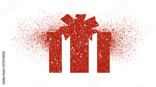 Red gift box dissolving into a shower of red specks against a white background