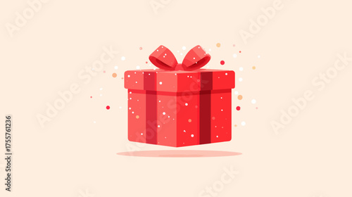 A cheerful red gift box with a bow, adorned with confetti, floats gently