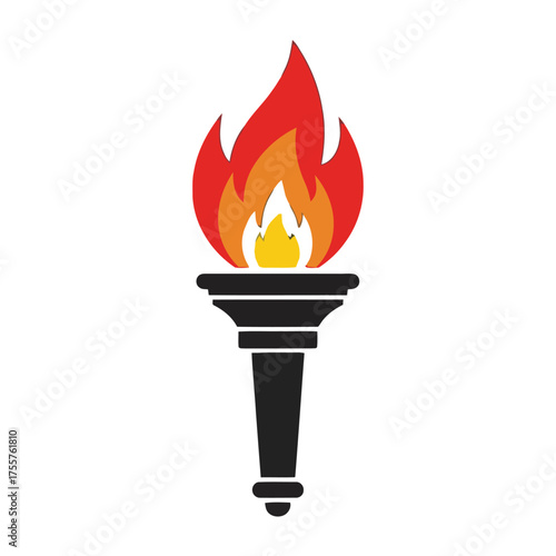 Stylized graphic flaming torch held upright, with vibrant red, orange, and yellow flames, on black pedestal