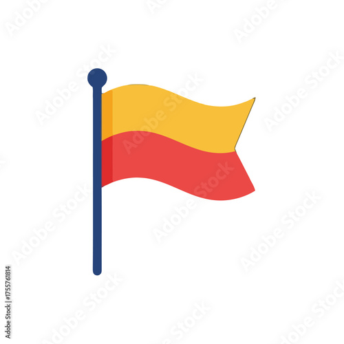 Simple flat design flag with two horizontal stripes, yellow on top and red below, waving on blue flagpole