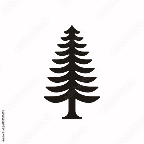 Black silhouette of a stylized evergreen tree with layered branches on a white background