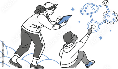 Two young individuals, one standing and holding a tablet, the other sitting and reaching out, interact with a digital network of interconnected icons represe...