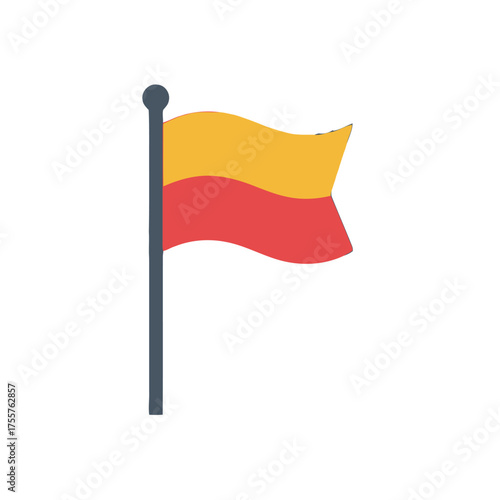 Waving flag with two horizontal stripes, yellow on top and red on bottom, on dark pole