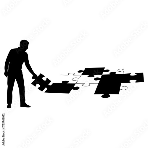 Silhouette of Person Placing Puzzle Piece in Black and White Illustration
