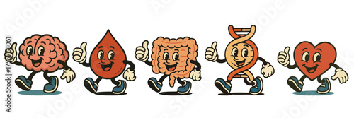Retro body part character mascots, vintage cartoon brain, blood, intestine, dna