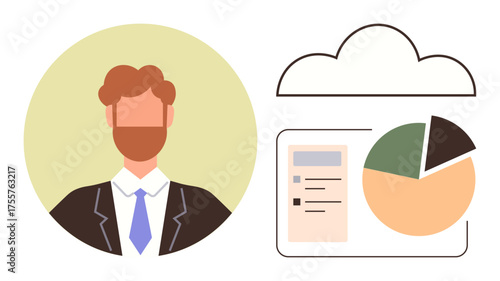Man in formal attire alongside a cloud and analytics dashboard with chart and checklist. Ideal for business management, data analysis, cloud technology, teamwork, remote work, leadership, simple flat