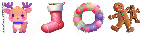 Christmas Cute Christmas icons set featuring reindeer, stocking, wreath, and gingerbread. on Transparent background.