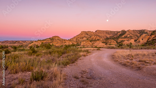 Desert landscape at sunset, Monegros Desert, Aragon, Spain