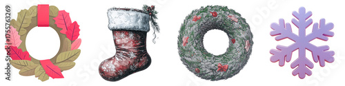 Christmas Set of Christmas decorations on Transparent background.