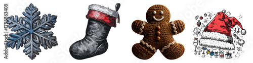 Christmas collection of Christmas ornaments and figurines on Transparent background.