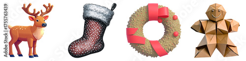 Christmas Christmas icons collage: reindeer stocking wreath gingerbread on Transparent background.