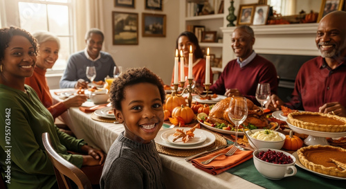 A black boy smile  while sitting at a festive table. Traditional festive Thanksgiving turkey dinner. Black family Cheers Celebrating Thanksgiving Holiday Concept.	 