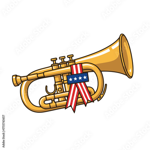 Golden cornet with red, , and blue ribbon featuring stars