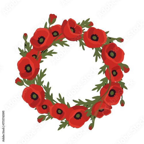 Circular wreath made vibrant red poppies and green leaves, isolated on transparent, symbolizing remembrance and natures beauty