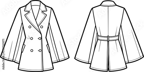 Women cape coat fashion CAD, double breasted outerwear technical flat sketch, vector illustration, apparel design template, garment construction drawing, front back view
