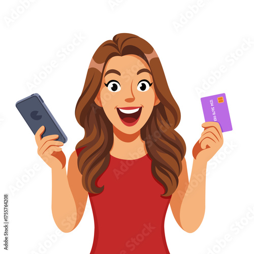 Happy young woman holding smartphone and credit card, smiling and celebrating a purchase. Concept of online shopping, mobile payment, and digital technology. Vector illustration in cartoon style