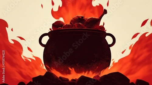 Pot of food on fire with flames and heat stylized artistic render