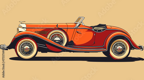 Vintage convertible automobile with red and orange tones, depicted in a graphic art style