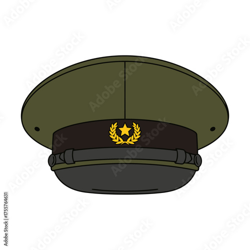 Green militarystyle peaked cap with gold emblem featuring star and laurel wreath, isolated on transparent