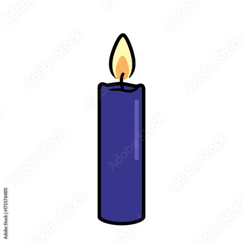 Single, tall, blue candle with lit flame, isolated on transparent, representing light, warmth, and celebration