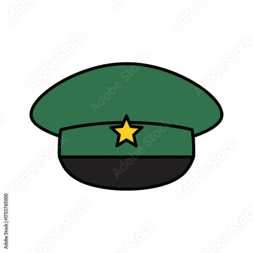 Green militarystyle cap with yellow star emblem on the front