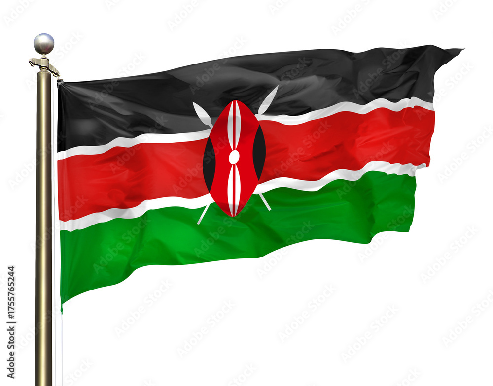 Naklejka premium Transparent Background Cutout Kenyan National Flag Waving In The Wind On A Beautiful Summer Blue Sky