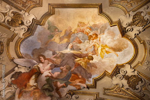 Florence - The baroque ceiling fresco Glory of St.  St. Therese of Avila with the Madonna of in the church Chiesa di Santa Maria Maggiore by unknown artist.