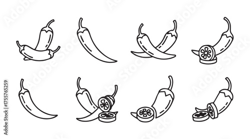 Set of hand drawn chili peppers showing whole sliced and crossed varieties food ingredient sketch vector