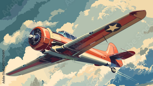 A vintage red propeller plane soars through fluffy clouds against a blue sky