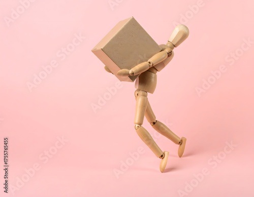 引越しで腰に負担、無理な体勢で荷物を運ぶ人形