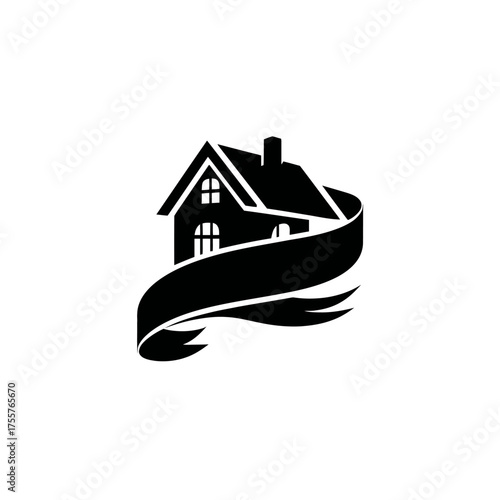 Silhouette of a classic house embraced by a flowing ribbon banner