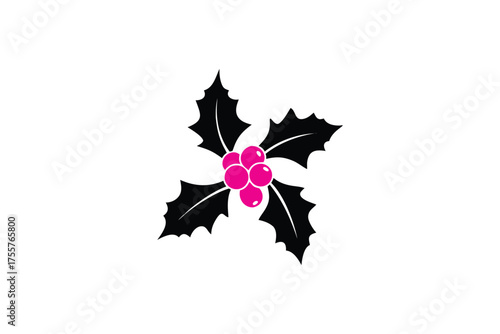 Holly branch with bright pink berries presented in dark silhouette