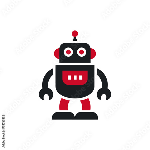 A stylized, cartoonish robot with black body and red accents, on a white background