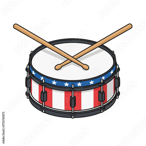 Patriotic snare drum with drumsticks, decorated in the american flag colors and stars