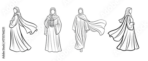 Arab Women in Elegant Abayas Fashion Line Art Vector Illustration