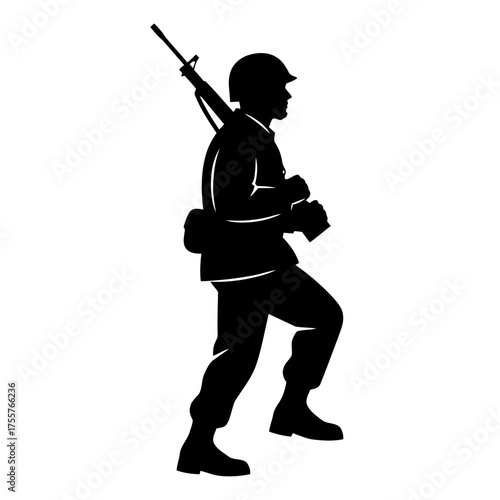 Silhouette soldier marching with rifle on his shoulder and backpack, representing military service, duty, and the armed forces in action