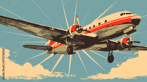 Vintage twin-engine propeller plane soars against a radiant, blue sky