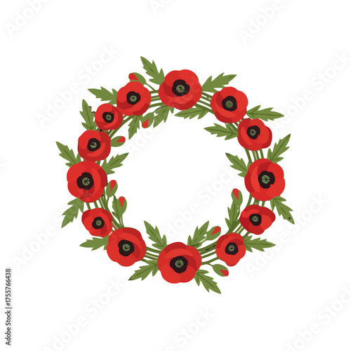 Wreath red poppies with green leaves