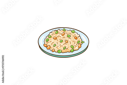 A colorful plate of fried rice with peas a simple silhouette