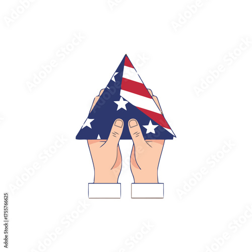 Two hands carefully holding and presenting triangular folded american flag, isolated on transparent, representing respect and the honoring national symbols