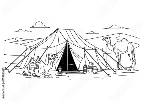 Bedouin Tent and Camel in Desert Line Art Vector Illustration