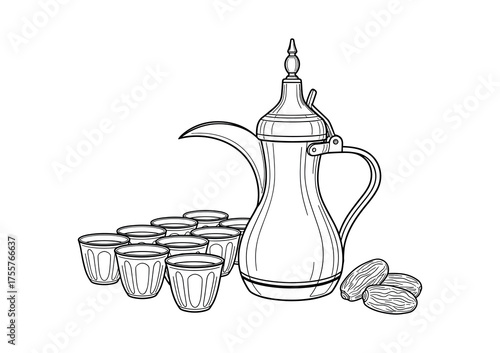 Arabic Coffee Pot with Traditional Cups and Dates in Line Art Vector