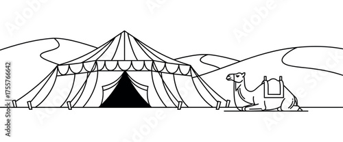 Bedouin Tent and Camel in Desert Line Art Vector Illustration