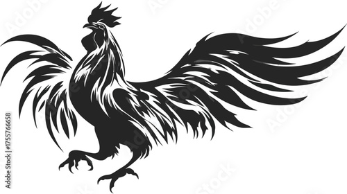 Stylized black rooster silhouette with flowing feathers and outstretched wings