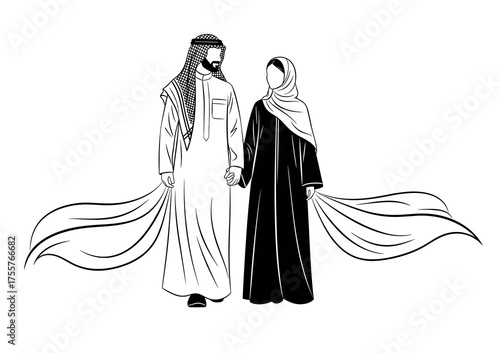 Arab Couple Holding Hands in Traditional Clothing Line Art Vector