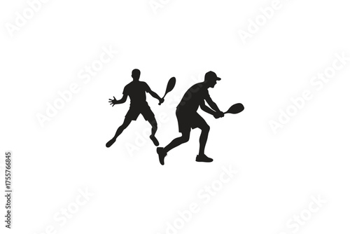 Two tennis players in mid swing a dramatic black silhouette