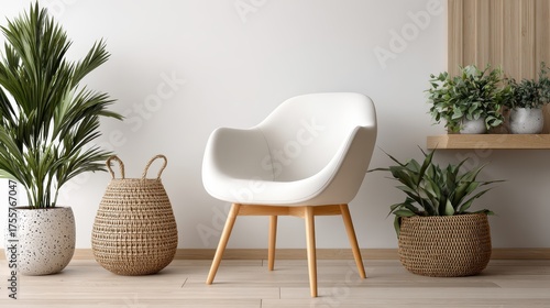 Minimalist White Chair Surrounded by Green Plants in a Bright and Airy Interior Space