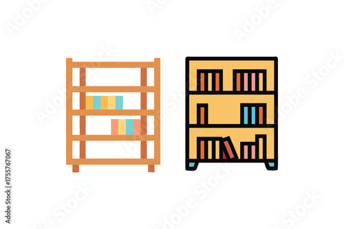Two pixelated bookshelves displaying books rendered in a simple silhouette